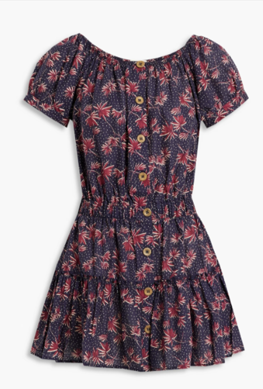 EBERJEY Elsie Gathered Printed Cotton Mini Dress In Navy Size L 8-12 MSRP$198